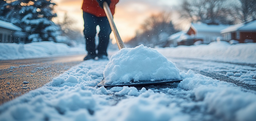 Ein Mitarbeiter des öffentlichen Dienstes, der in einer städtischen Umgebung im Winter Schnee schaufelt