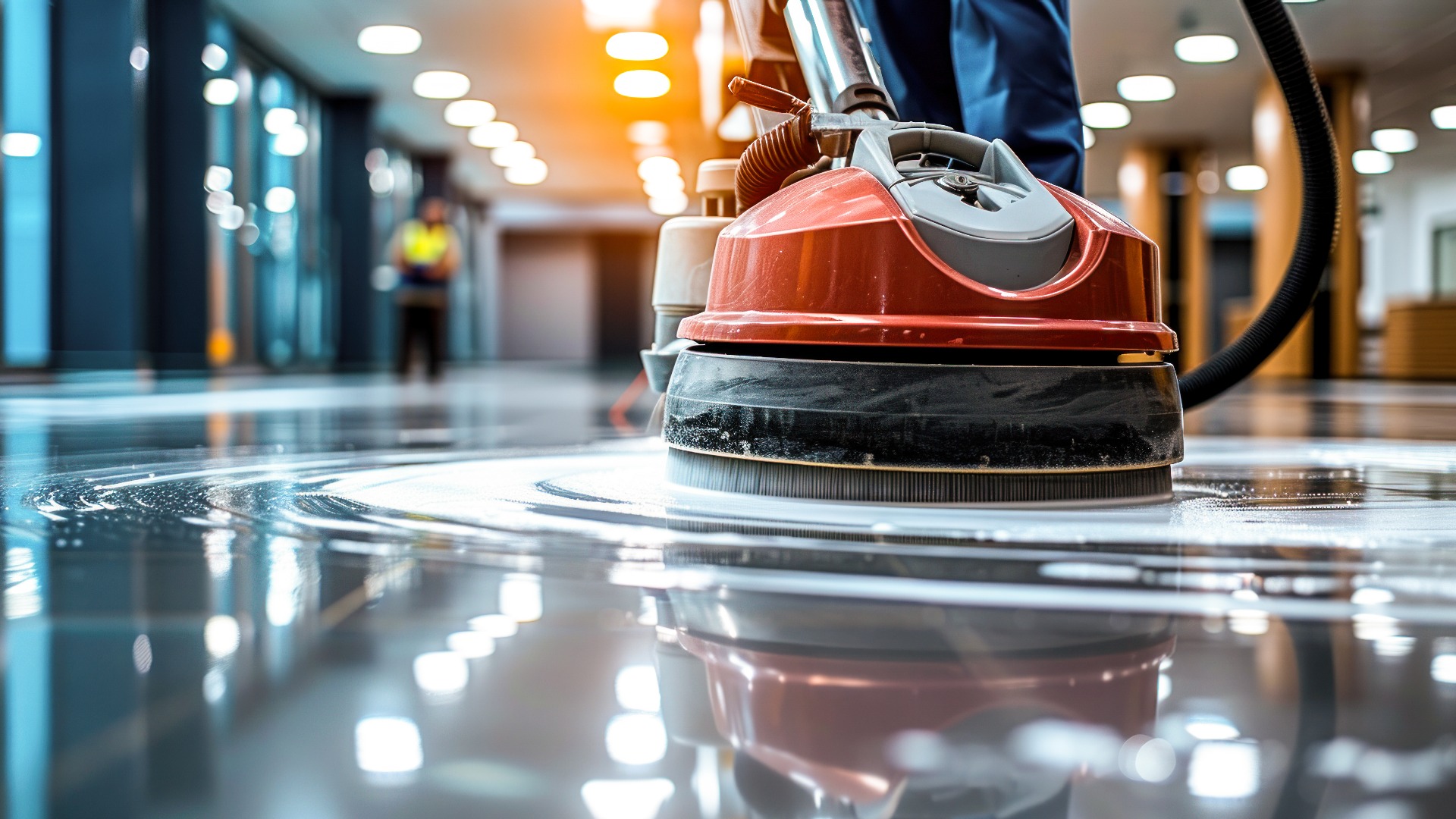 Professionelles Reinigungspersonal, das eine industrielle Bodenpoliermaschine zum Reinigen und Polieren des Flurs eines modernen Unternehmens- oder Geschäftsgebäudes einsetzt.