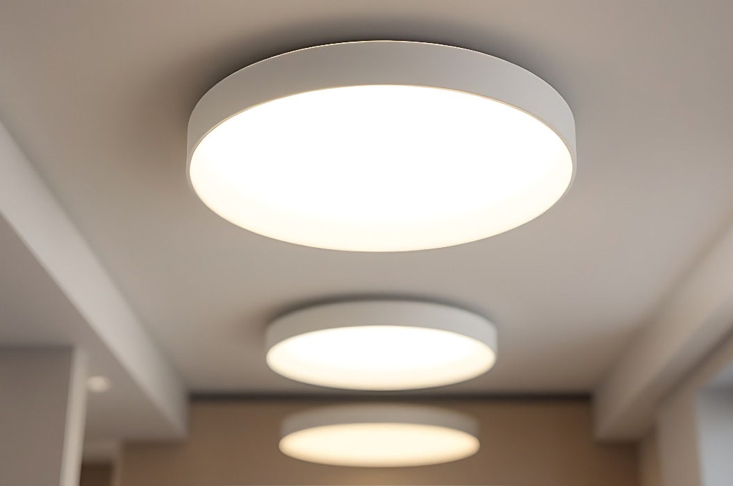 3D-Rendering von Deckeneinbau-Strahlern. Realistischer Innenraum mit runden, nachts leuchtenden Downlights. Künstliche Beleuchtung, LED-Lampen für Zuhause oder das Büro vor dunklem Hintergrund, Draufsicht
