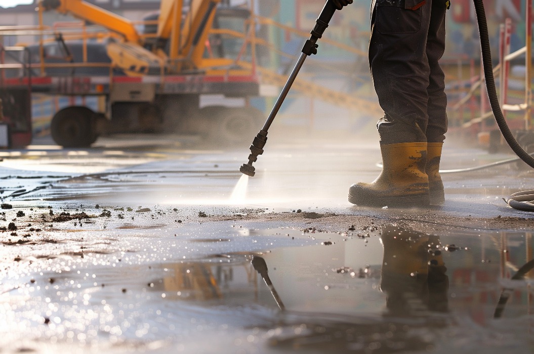 Ein industrieller Hochdruckreiniger im Einsatz auf einer Baustelle, der schlammige Oberflächen mit kräftigen Wasserstrahlen reinigt. Ideal zur Präsentation von Hochleistungs-Reinigungsgeräten und für die Baustelleninstandhaltung