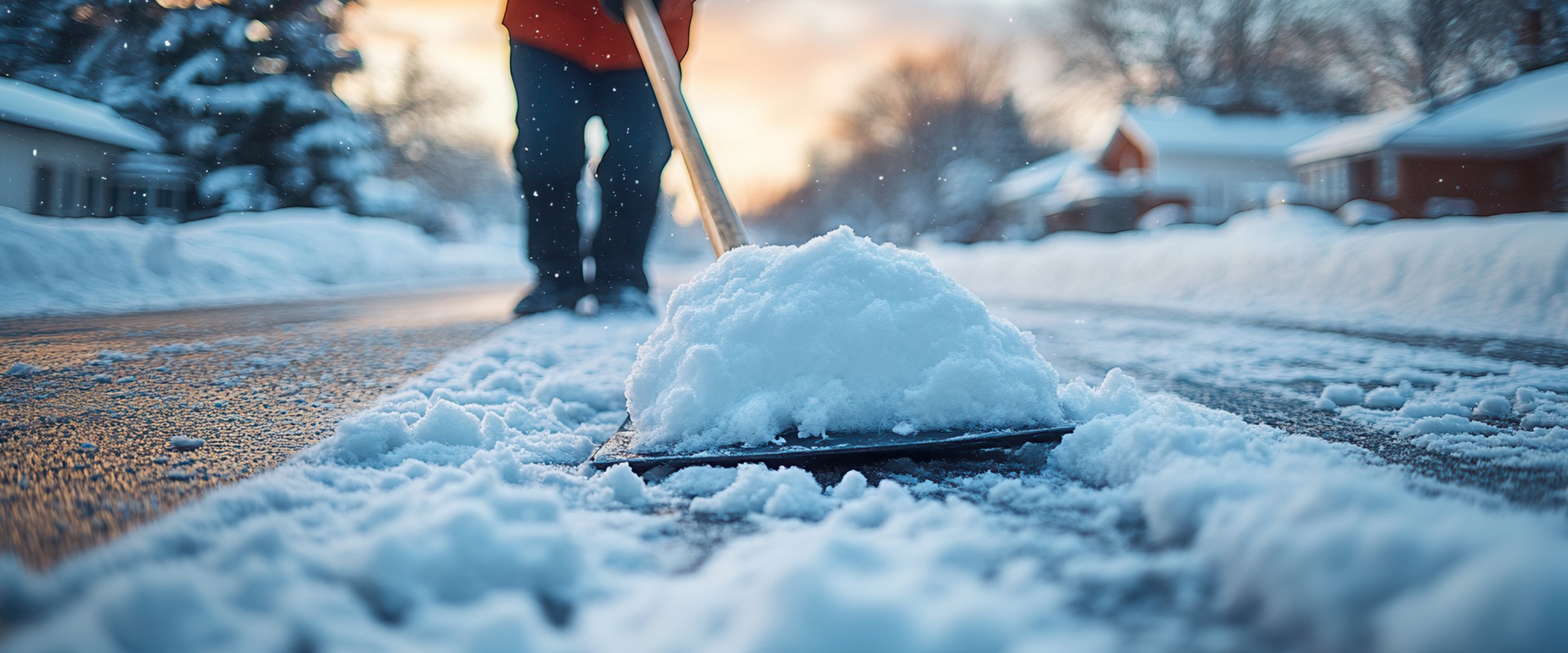Ein Mitarbeiter des öffentlichen Dienstes, der in einer städtischen Winterlandschaft Schnee schaufelt