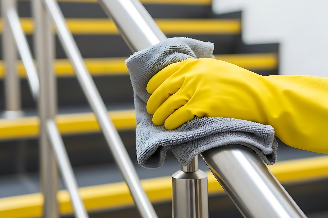 Eine Person mit gelben Handschuhen reinigt einen Metallhandlauf mit einem grauen Tuch