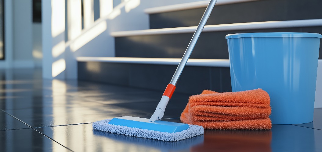 Nahaufnahme von Reinigungsutensilien mit Wischmopp und orangefarbenem Tuch auf einem glänzenden schwarzen Boden neben der Treppe in einem modernen Wohnbereich