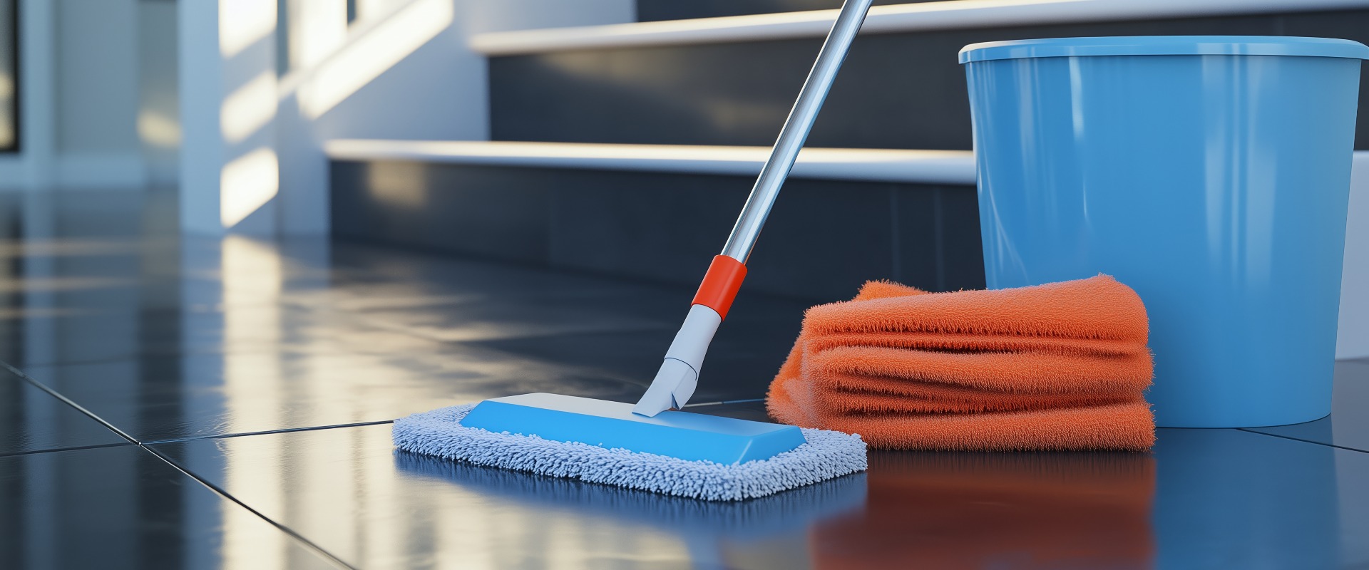 Nahaufnahme von Reinigungsutensilien mit Wischmopp und orangefarbenem Tuch auf einem glänzenden schwarzen Boden neben der Treppe in einem modernen Wohnbereich
