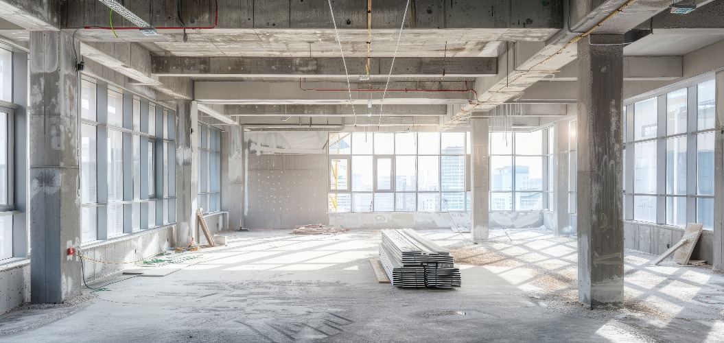 Unfertiges Interieur eines im Bau befindlichen Geschäftszentrums in Grautönen. Mit Platz für Text oder Design.