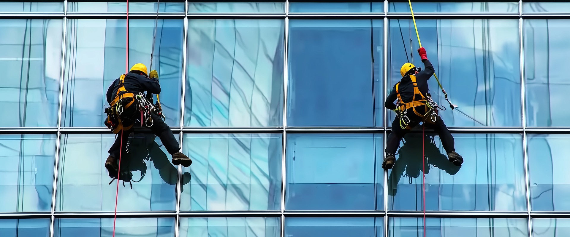 Zwei Arbeiter mit Schutzhelm und Sicherheitsgurt, die in der Luft schweben und die Außenfassade eines Firmengebäudes oder Wolkenkratzers reinigen
